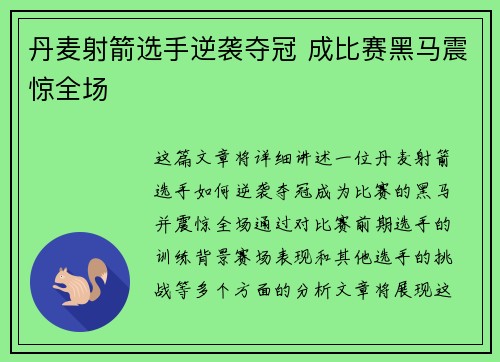 丹麦射箭选手逆袭夺冠 成比赛黑马震惊全场