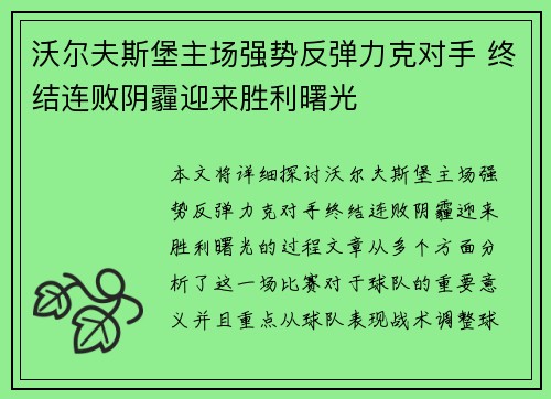 沃尔夫斯堡主场强势反弹力克对手 终结连败阴霾迎来胜利曙光