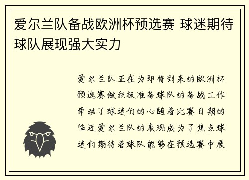 爱尔兰队备战欧洲杯预选赛 球迷期待球队展现强大实力