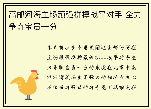 高邮河海主场顽强拼搏战平对手 全力争夺宝贵一分