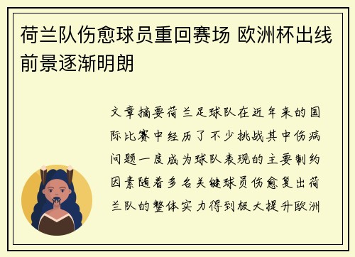 荷兰队伤愈球员重回赛场 欧洲杯出线前景逐渐明朗