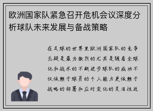欧洲国家队紧急召开危机会议深度分析球队未来发展与备战策略